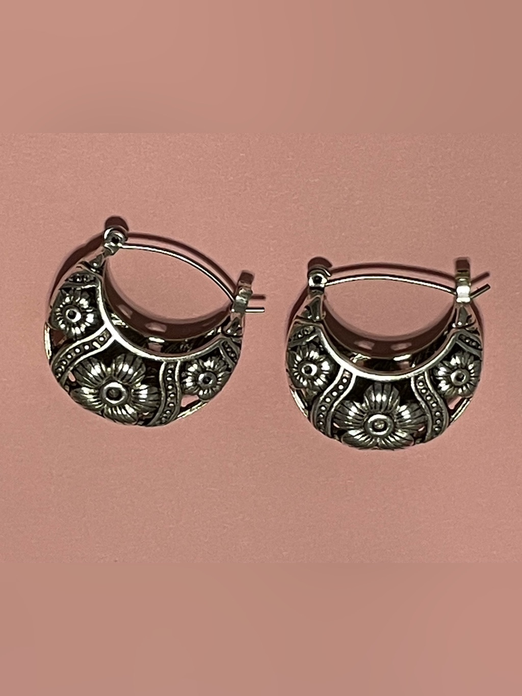 Silver Tone Ornate Reversible Flower Pierced Earrings 9949